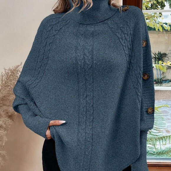 Blue Casual Women's Turtleneck Batwing Sleeve Button Detail Poncho Sweater top - Picture 5 of 7